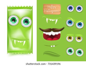 Halloween Emoji creator constructor of candy monster frankenstein. Smile and laught, vampire teeth and sad face . Trick or treat. Vector illustration for greeting card, ad, promotion, poster, flyer