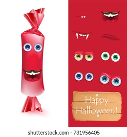 Halloween emoji face character alive candy monster for your scenes template. Emotion set of wrapped red chocolate candy. Trick or treat sweets. Vector illustration for greeting card, ad, promotion