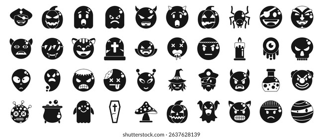 Halloween emoji icons set. Black and white icons capture the spirit of halloween with spooky characters, adding a touch of fun to the celebration