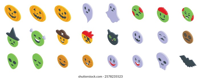 Halloween emoji icons set. Isometric halloween emojis showing spooky characters like ghosts, zombies, witches, pirates, and black cats, along with various pumpkin faces