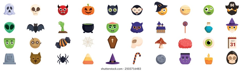 Conjunto de iconos de emoji de Halloween. Este vibrante conjunto de iconos captura el espíritu espeluznante de Halloween con su representación de símbolos y personajes tradicionales