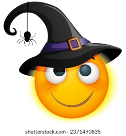 Halloween emoji on white background. Vector smiling emoji in witch hat with spider. Smiling yellow face. Happy. Cute emoticon.	
