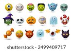 Halloween emoji set, cartoon scary characters. October horror holiday, Halloween season spooky characters vector smartphone emoji with zombie, vampire, alien and witch, pumpkin, ghost, clown and devil