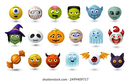 Conjunto de emojis de Halloween, personajes de dibujos animados de miedo. Vacaciones de horror de octubre, temporada de Halloween personajes espeluznantes emoji de teléfono inteligente de Vector con zombie, vampiro, alienígena y bruja, calabaza, fantasma, payaso y diablo