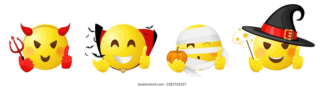 Halloween emoji set with devil, horns, trident, bats, vampire, mummy, pumpkin, wizard and magic wand