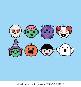 Calavera de emoji de Halloween, zombie, alienígena, payaso, bruja, calabaza, vampiro y fantasma. Con diferentes emociones.