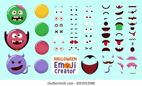 Halloween emoji vector creator kit. Emojis character set in zombie, vampire and devil monster costume with editable face parts for horror characters emoticon design. Vector illustration.
