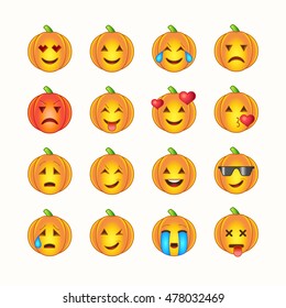 Halloween emoticon face icons set. Vector pumpkin smiley face.