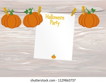 Halloween. Empty blank invitation for a party with a pumpkin hanging on clothespins. Vector on wooden background. The Feast of October and Autumn.