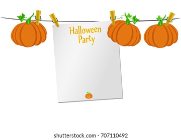 Halloween. Empty blank invitation for a party with a pumpkin hanging on clothespins. Vector. The Feast of October and Autumn.