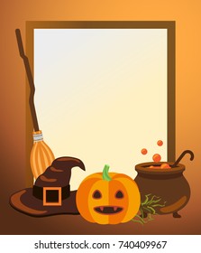 Halloween empty photo frame with old witch hat and broomstick, ripe pumpkin and vat full of potion with bubbles vector illustration.