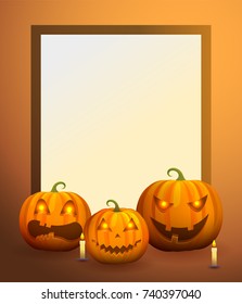 Halloween empty photo frame with traditional pumpkin lanterns that have flame in eyes and scary faces, and wax candles vector illustration.