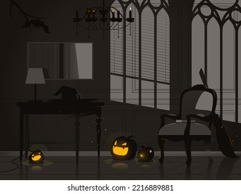 Halloween enchanted room interior. Modern room turning into the vintage parlor