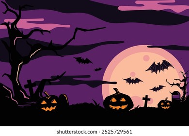 Halloween Enchantment: A Spooky Background with Flying Bats and Glowing Pumpkins