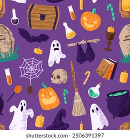 Halloween endless background with spooky symbols of autumn holiday. Repeatable pattern of Helloween ghosts, creepy pumpkins, magic books, scary spirits. Flat seamless hand drawn vector illustration