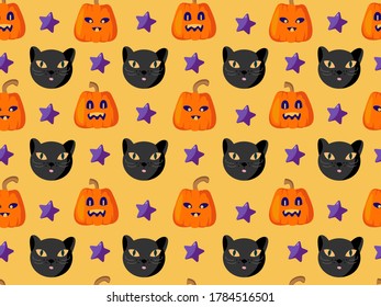 Halloween Endless seamless pattern. Bright background with cute pumpkins and a muzzle of a black cat, purple stars. For textiles, paper, themed retail textiles, packaging of traditional sweets
