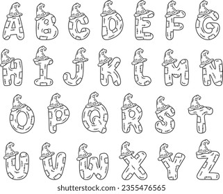 Halloween English Alphabet all letters Witch sketch theme drawing for coloring