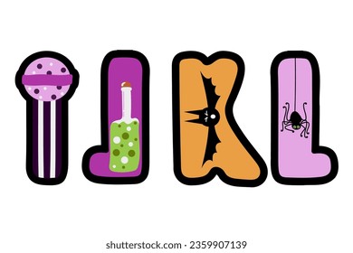 Halloween English alphabet. IJKL letters in flat cartoon style. Abc with bat, spider, lollipop, potion bottle