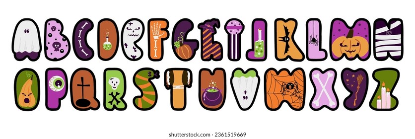 Halloween English alphabet. Latin letters in flat cartoon style. Abc with ghost, pumpkin, snake, spider, skull, bones, bat