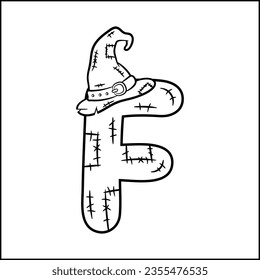 Halloween English Alphabet letter F Witch sketch theme drawing for coloring
