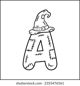 Halloween English Alphabet letter A Witch sketch theme drawing for coloring