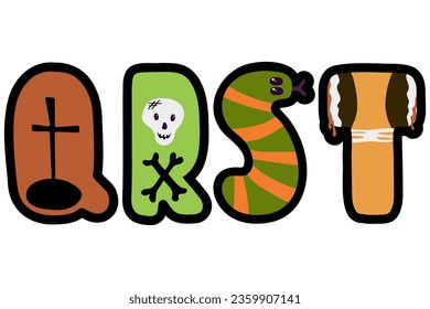 Halloween English alphabet. QRST letters in flat cartoon style. Abc with grave, cross, snake, axe, skull, bones