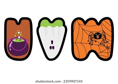 Halloween English alphabet. UVW letters in flat cartoon style. Abc with a cauldron with a potion, a ghost and a spider with a web
