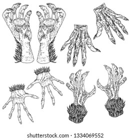 Halloween engraving drawings set of monsters hands, werewolf, witch, zombie, dragon, and vampire hands isolated on white background. Vector.