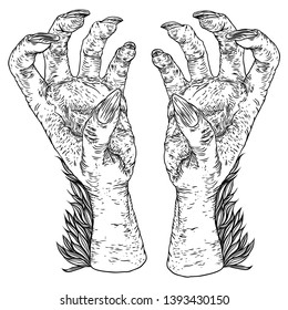 Halloween engraving drawings set of monsters hands, werewolf, witch, zombie, dragon, and vampire hands isolated on white background. Vector.