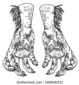 Halloween engraving drawings set of monsters hands, werewolf, witch, zombie, dragon, and vampire hands isolated on white background. Vector.