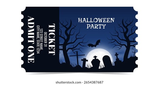 Halloween entry ticket template with grave, trees, bat, moon flat style dark blue black background. Design for coupon, voucher, admission, badge, label. Vector illustration for any business occasion