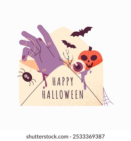 Halloween Envelope With Hand Spider and Bats in Flat Vector Illustration Symbolizing Halloween Spirit, Spooky Mail, and Horror Vibes, Isolated on White Background