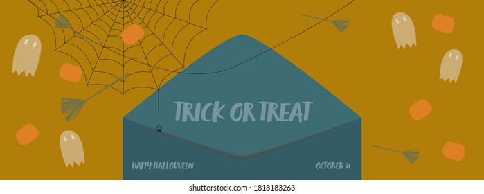 Halloween envelope saying trick or treat with ghosts, pumpkin, cobweb and witch's broom background