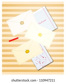 Halloween envelopes sealed with creative artistic pumpkin stamp background. Eps 10 vector illustration. Contains Adobe Illustrator's Drop Shadow.
