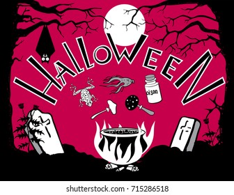 Halloween . Eps10. Pumpkin, bats, black cat, full moon , magical tools
