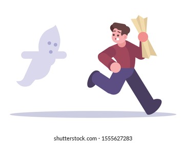 Halloween escape room flat vector illustration. Man running from ghost isolated cartoon character on white background. Scared young boy in escape room looking for exit. Supernatural horror scene