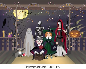 Halloween eve celebration, children in costumes, vector illustration.