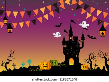 Halloween evening background with haunted house, pumpkin and ghost. Vector illustration.