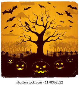 Halloween evening design with festive lanterns at cemetery tree and bats on yellow sky background vector illustration