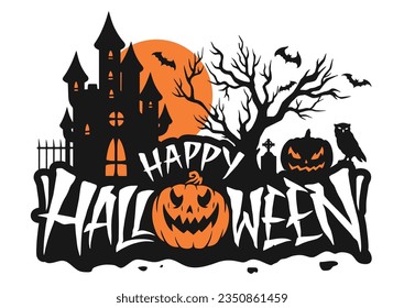 Halloween evening landscape flyer colorful with jack pumpkins among graves and witch house near trick or treat call vector illustration