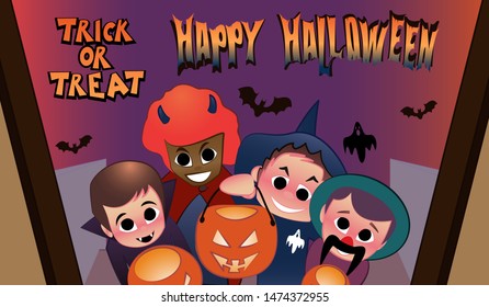 Halloween evening time. Trick or treat. Kids Costume Party. Group of kids in Halloween costume аre asking for sweets for halloween.