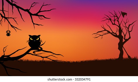 Halloween evening vector background with black cat and bare twisted tree branches silhouette