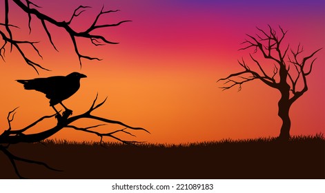 Halloween evening vector background with raven bird and bare twisted tree branches silhouette