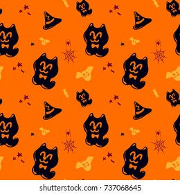 Halloween event background illustration in vector. Cartoon style. package paper design. Included pumpkin, bat, candy, hat, mummy, ghost, Black cat, spider and more.