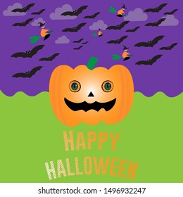 Halloween event celebration illustration background, pumpkin on hill, bats and witches fly on the dark sky