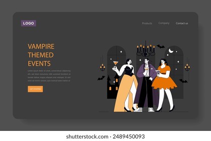 Halloween-Event-Konzept. Elegante Vampire gesellig an einer gruseligen Soiree, mit gotischem Ambiente und festlichen Cocktails. Vektorillustration.