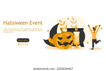 Halloween Event illustration. Characters are looking at Halloween festival symbol and equipment. Halloween event and activity concept. vector illustration.