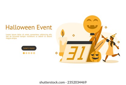 Halloween Event illustration. Characters are looking at Halloween festival calendar. Halloween event and activity concept. vector illustration.