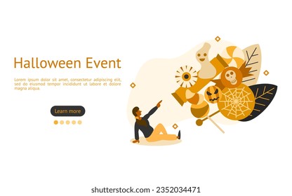 Halloween Event illustration. Characters are looking at Halloween festival candies. Halloween event and activity concept. vector illustration.