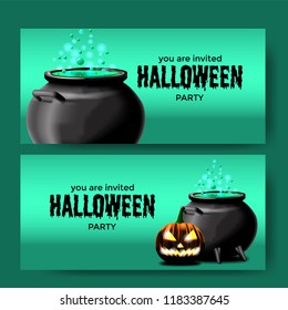 halloween event party invitation with potion in the pot with green blackground for banner poster label template. vector illustration.